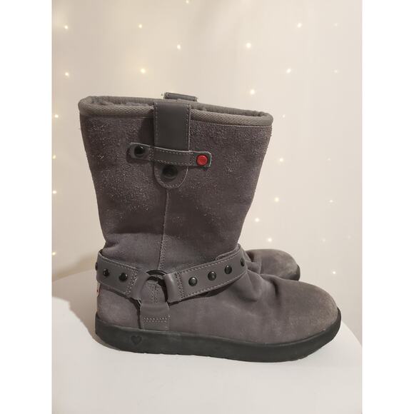 Ugg Heart Kids Suede Shearling Lined Mid Moto Boots Size 4 Gray Winter Leather - Picture 5 of 12